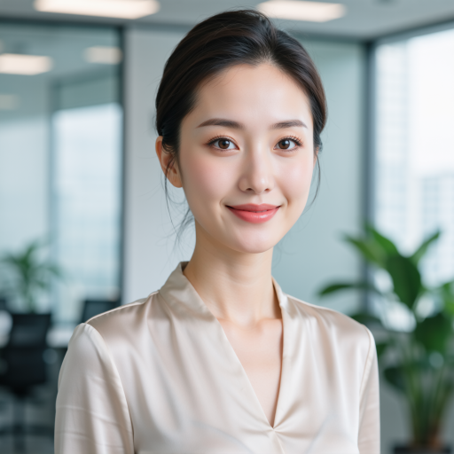 三十岁左右女性头像，穿浅色衬衫，长发，正面微笑，办公室背景，专业形象